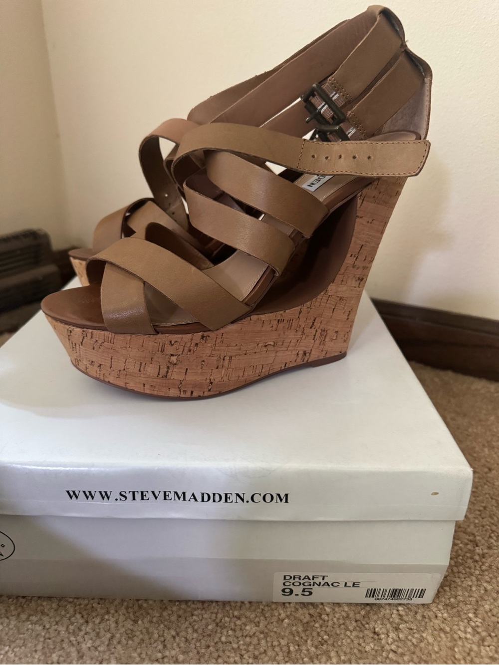 Steve Madden Tan Cognac Strappy Cork Wedge Sandals
